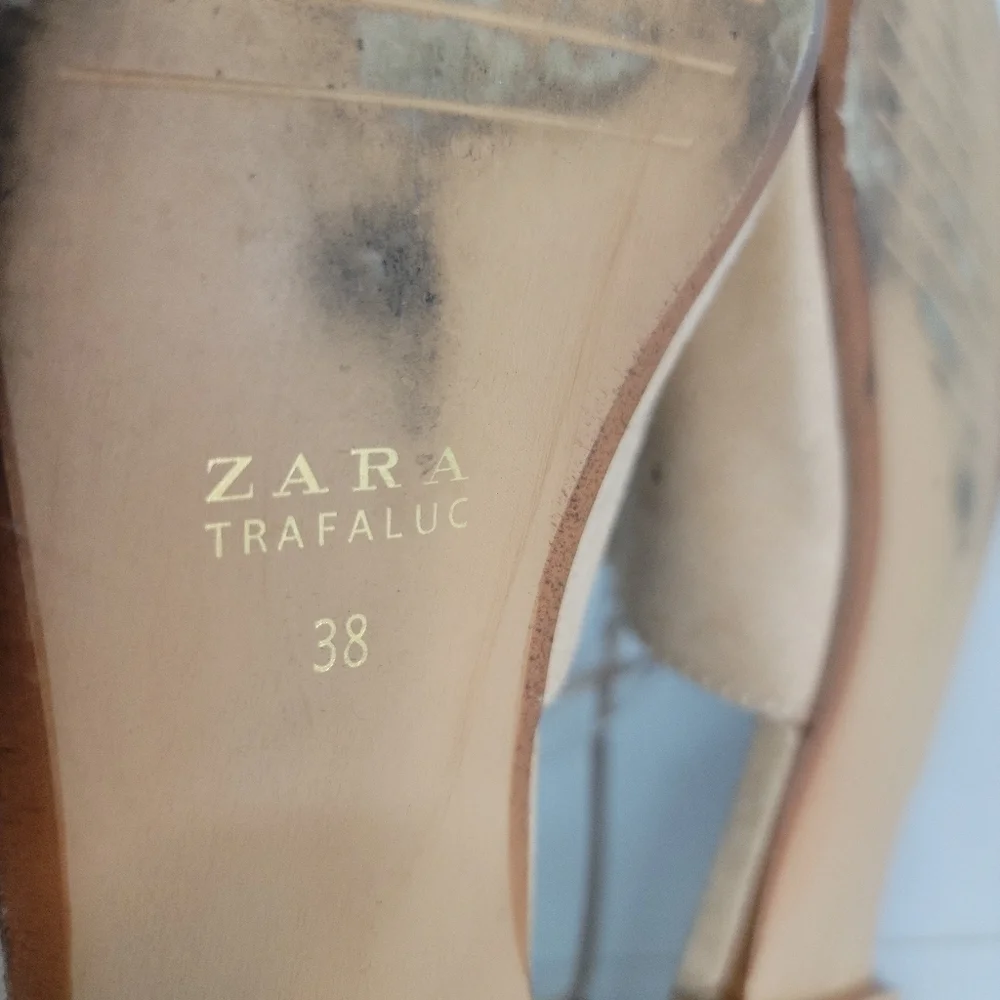 Zara Sz 38 8 Suede Lace Up Pointed Toe Ballet Flats Shoes Tan - Picture 8 of 8